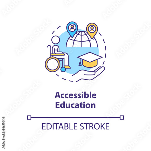 Accessible education concept icon. Elearning accessibility idea thin line illustration. Distance learning. Students with disabilities. Vector isolated outline RGB color drawing. Editable stroke