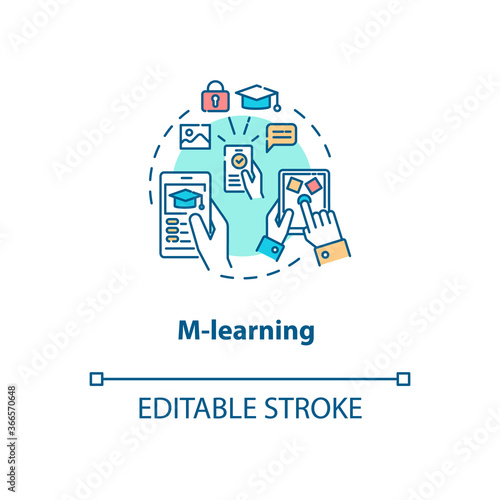 M learning concept icon. Smartphone educational applications. Distance education. Virtual classrooms idea thin line illustration. Vector isolated outline RGB color drawing. Editable stroke