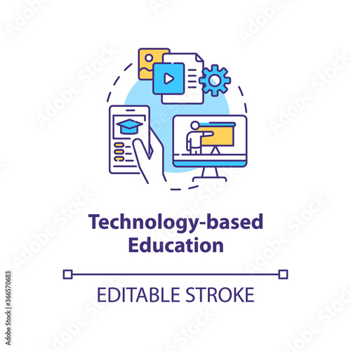 Technology based education concept icon. Modern educational approach. Distance education. Elearning idea thin line illustration. Vector isolated outline RGB color drawing. Editable stroke