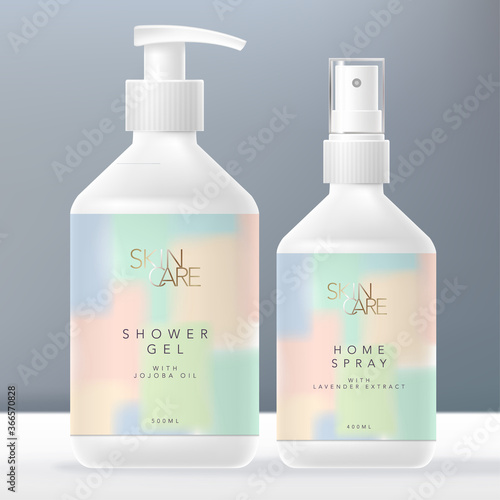 Vector Beauty or Skin Care Hand Wash Soap Dispenser or Pump Bottle  & Home or Aroma Spray Bottle Packaging, Pastel Abstract Painting Design.