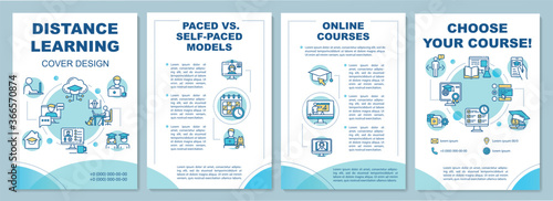 Distance learning brochure template. Paced and self paced education. Flyer, booklet, leaflet print, cover design with linear icons. Vector layouts for magazines, annual reports, advertising posters