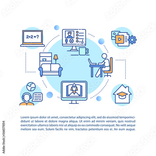 Remote education concept icon with text. Elearning. Home education. Online lessons. Homeschool. PPT page vector template. Brochure, magazine, booklet design element with linear illustrations