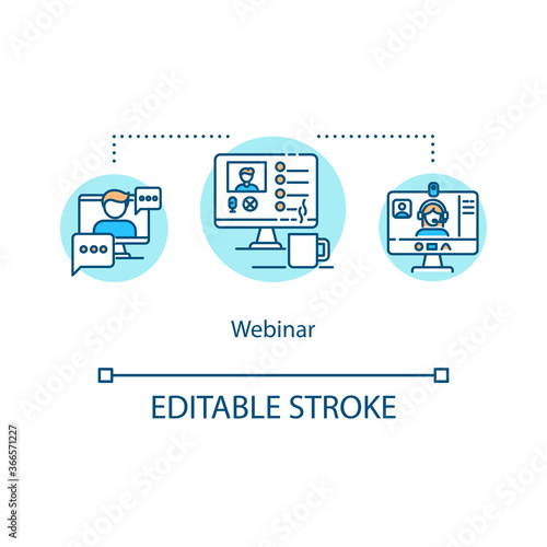 Webinar concept icon. Web conferencing and meeting. Distance education. Online workshops idea thin line illustration. Vector isolated outline RGB color drawing. Editable stroke