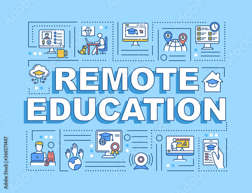 Remote education word concepts banner. Distance learning. Web conferencing. Infographics with linear icons on blue background. Isolated typography. Vector outline RGB color illustration