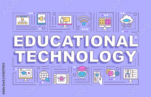 Educational technology word concepts banner. E learning. Digital education. Infographics with linear icons on violet background. Isolated typography. Vector outline RGB color illustration