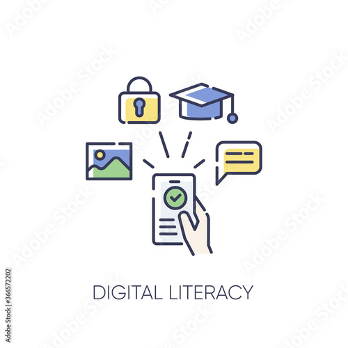 Digital literacy RGB color icon. Modern education, e learning. Using smartphone for education, communication and entertainment. Isolated vector illustration