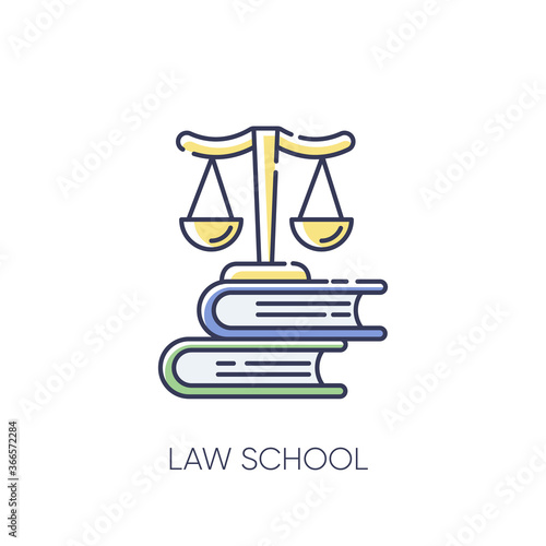 Law school RGB color icon. Professional jurisprudence education, judicial system. Legal court trial, justice. Scales on books stack isolated vector illustration