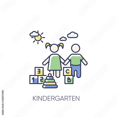 Kindergarten RGB color icon. Day care center, institution for little children. Preschool education. Girl and boy playing with toys isolated vector illustration