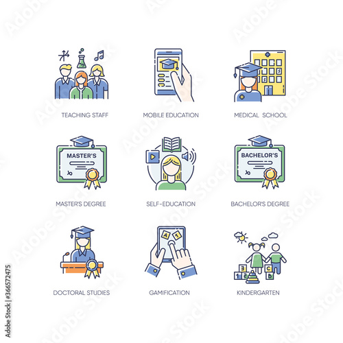 Modern education RGB color icons set. E learning, professional teachers and higher education opportunities. Acquiring knowledge. Isolated vector illustrations