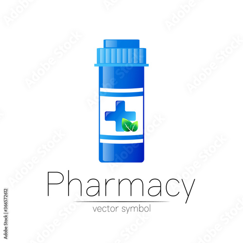 Pharmacy vector symbol with blue pill bottle and green leaf, cross for pharmacist, pharma store, doctor and medicine. Modern design vector logo on white background. Pharmaceutical icon logotype .