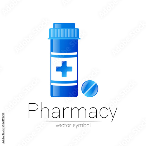 Pharmacy vector symbol with blue pill bottle and tablet for pharmacist, pharma store, doctor and medicine. Modern design vector logo on white background. Pharmaceutical icon logotype . Health