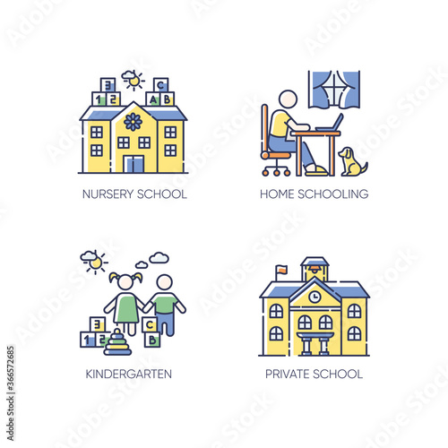 Academic studying RGB color icons set. Nursery school, kindergarten and home schooling. Private elementary and secondary education. Isolated vector illustrations