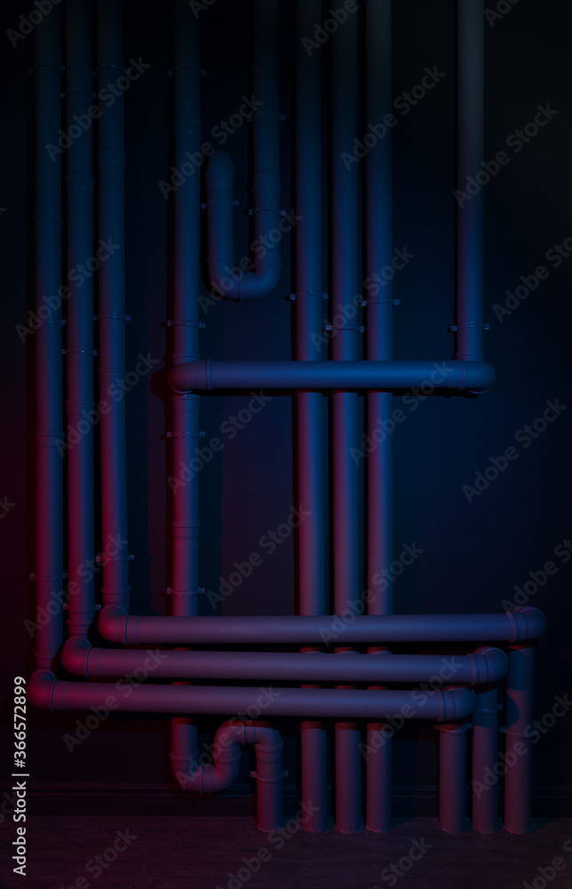 Fototapeta premium Blue and red neon lighting on drainage Pipes system. Abstract industrial background