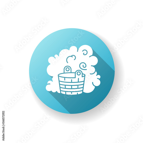 Outdoor sauna blue flat design long shadow glyph icon. Hot springs recreation, sauna relaxation. Steam bath, healthy pastime. Bathhouse accessory, water bucket silhouette RGB color illustration