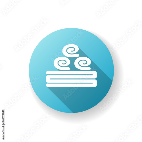 Bath towels blue flat design long shadow glyph icon. Personal hygiene, bathhouse relaxation. Spa salon, bathroom and sauna accessory. Stacked clean towels silhouette RGB color illustration
