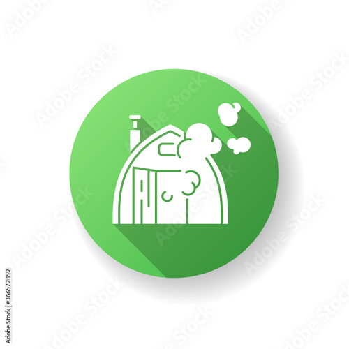 Finnish sauna green flat design long shadow glyph icon. Traditional bathhouse, russian banya. Finland national culture. Small house for taking steam baths silhouette RGB color illustration