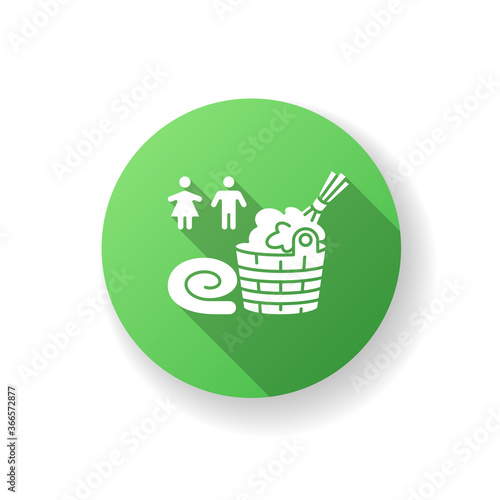Mixed sex sauna green flat design long shadow glyph icon. Bathhouse for men and women. Steam bath with no gender restriction. People, water bucket and broom silhouette RGB color illustration