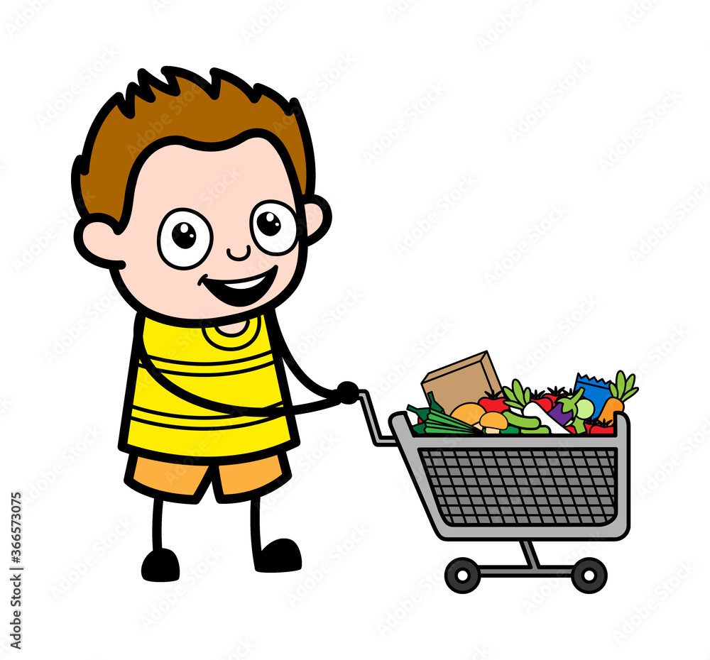 Cartoon Young Boy with shopping cart Cartoon Young Boy with shopping cart