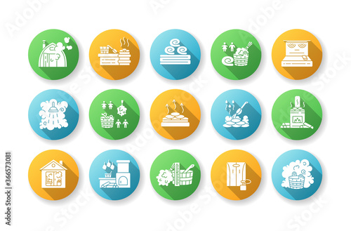 Sauna flat design long shadow glyph icons set. Steam bath relaxation, heat therapy, healthy lifestyle. Different bathhouse types and bathing accessories. Silhouette RGB color illustrations