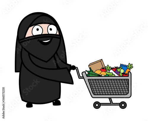 Cartoon Muslim Woman with shopping cart