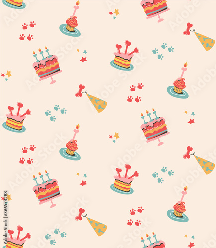 Funny seamless print of festive attributes for a dog party. Flat vector background with cakes, caps, dog footprints. Isolated on beige, green, red, pink, yellow. For printing, wallpaper