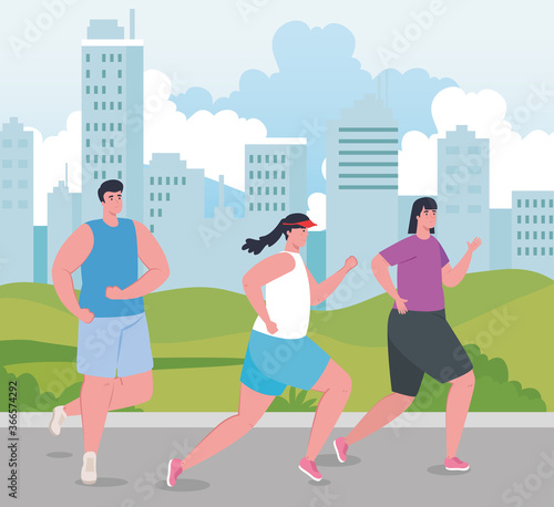 people running outdoor, young people in sportswear jogging in park