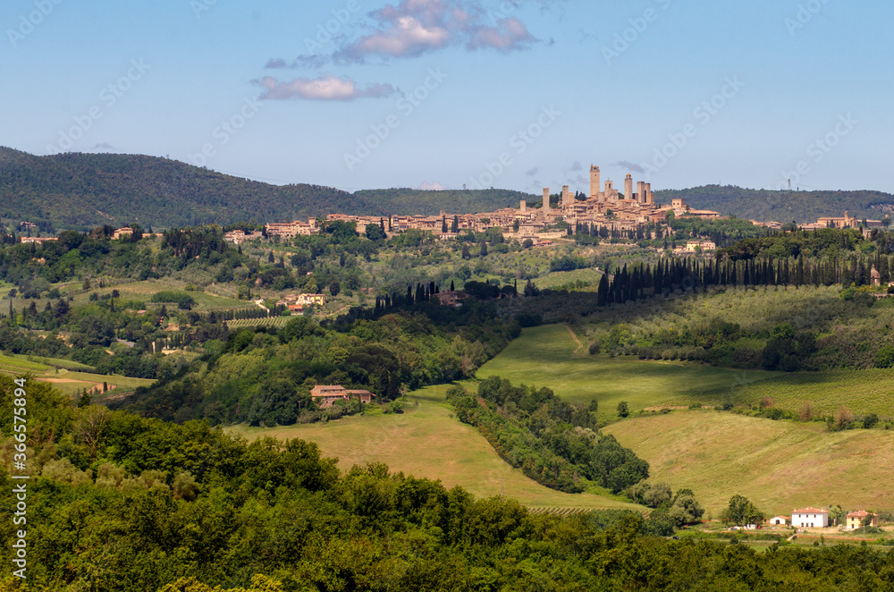 panoramic view of San Gimignano from the south - tuscany, italy