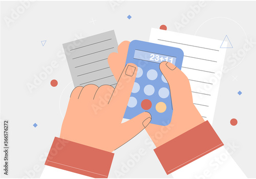 Concept of credit, Finance, mortgage, spending planning. Hand holding a calculator, documents. Flat style vector illustration.
