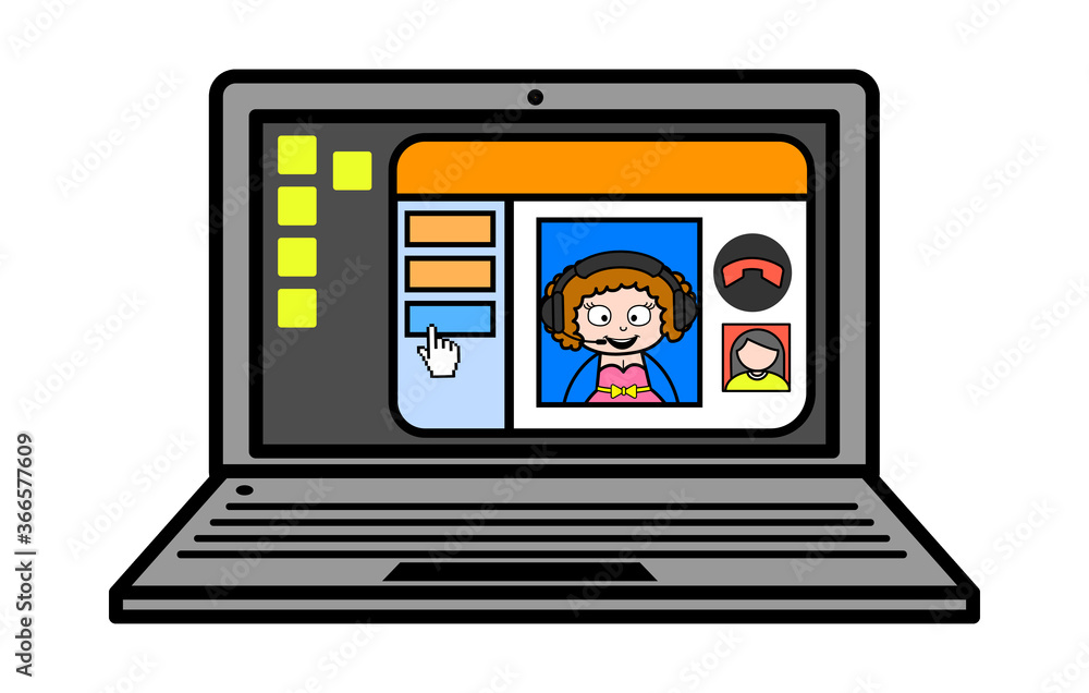 Cartoon Young Lady Video Call on Laptop Cartoon Young Lady Video Call on Laptop