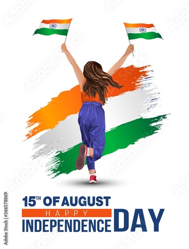 happy Independence day 15 th august Happy independence day of India , girl running with Indian flag.vector illustration.greeting card