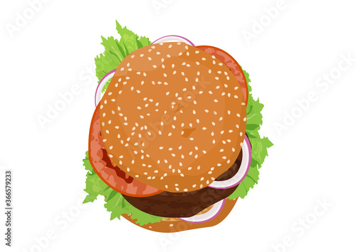 Burger with lettuce, onion, and tomatoes. Top down view. Flat vector.