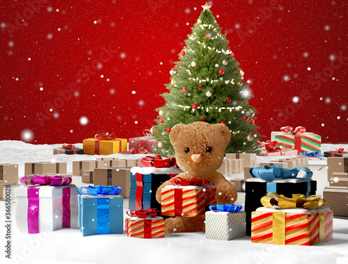 concept of christmas presents. christmas gifts and cute teddy bear 3d-illustration © wetzkaz