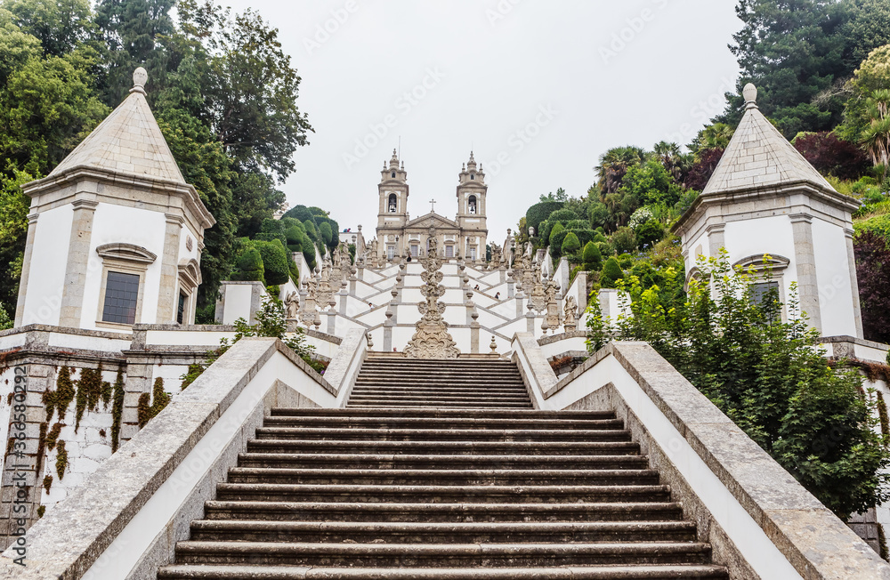 Zigzag shape stairs dedicated to five sences in Bom Jesus do Monte (Good Jesus of the Mount) sanctuary in Tenoes, outside city of Braga, Portugal. Zigzag shape stairs dedicated to five sences in Bom Jesus do Monte (Good Jesus of the Mount) sanctuary in Tenoes, outside city of Braga, Portugal.