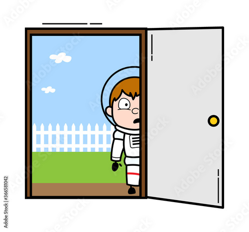 Cartoon Astronaut looking from Door