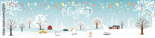 Panoramic of winter landscapes with snow,Vector of horizontal banner of winter wonderland with cute polar bear family celebrating in Christmas eve, Merry Christmas and Happy New year background.