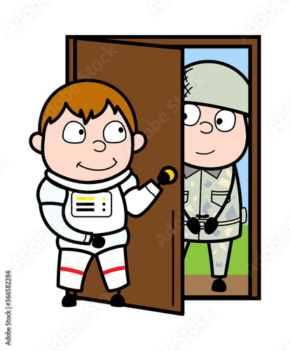 Cartoon Astronaut opening Door