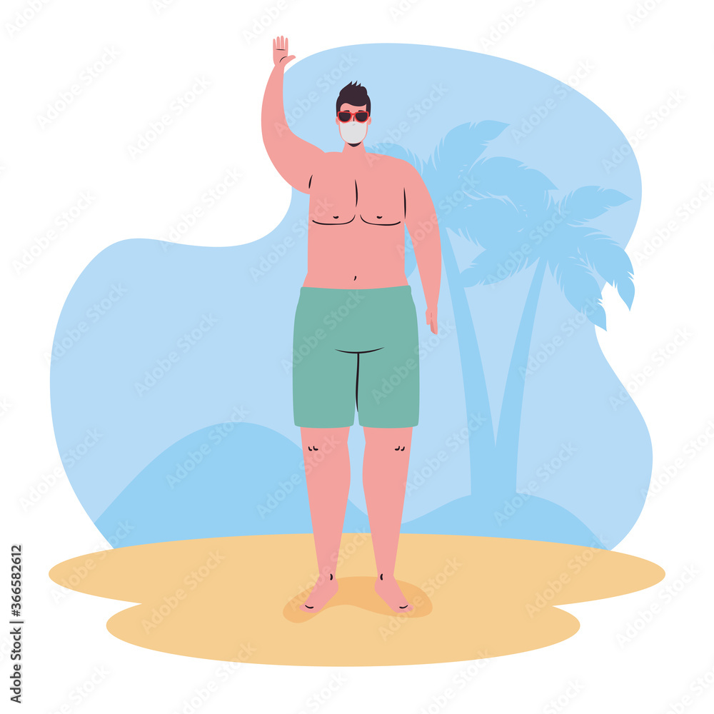 man in shorts wearing medical mask in the beach, tourism with coronavirus, prevention covid 19 in summer vacation