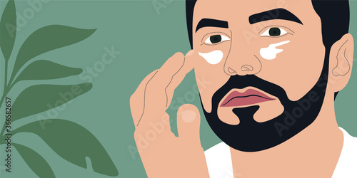 Young man with beard apply face cream on the eyes area. Flat style color vector illustration. Men's skin care concept. 	