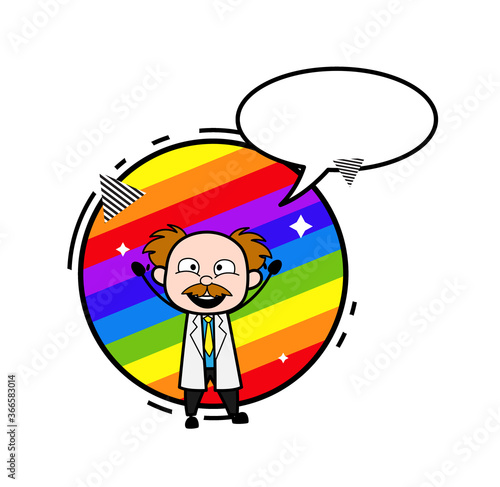 Cartoon Scientist with rainbow background