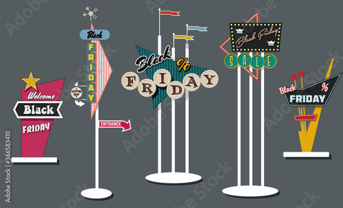 Black Friday Emblem Set Mid Century Modern Signboards Style 