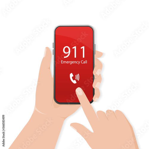 911 calling in flat style. Vector flat design. Mobile phone. Finger touch screen. First aid. Call screen smartphone. Vector mobile device concept.