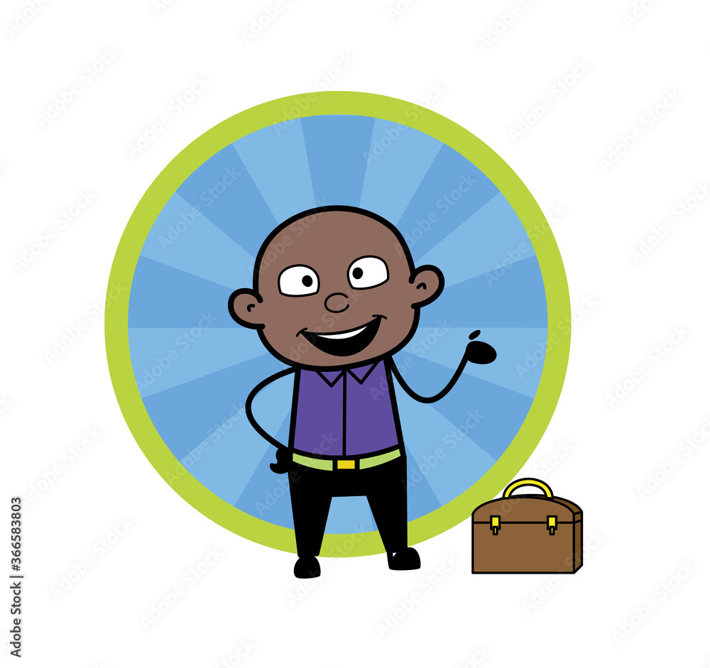 Naklejka premium Happy Cartoon Cartoon Bald Black Presenting
