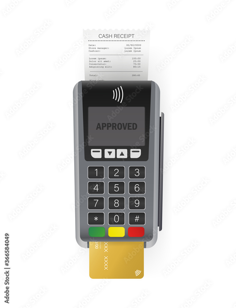 Vector illustration with terminal on white background. Mockup for concept design. Isolated vector illustration. Online store payment. Vector illustration with terminal on white background. Mockup for concept design. Isolated vector illustration. Online store payment.