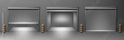 Gate with metal rolling shutter in gray wall. Vector realistic illustration of hallway in commercial garage or warehouse with closed and open roller up blinds. Building facade with automatic doors