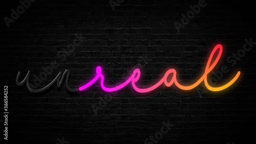 Slika na platnu real unreal neon colorful word on black background, meaning the need to focus on