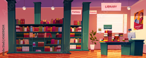 Bookstore interior with shelves, desk and cashier counter. Vector cartoon illustration of empty book shop or library with fantasy and biography literature, bestsellers on desk