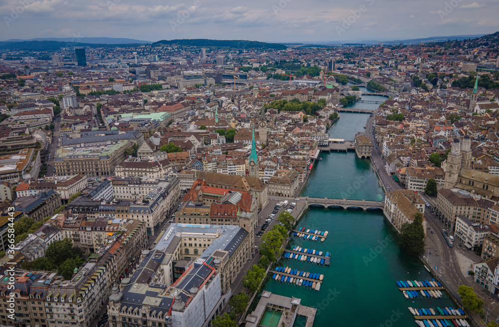 Flight over River Limmat in Zurich Switzerland - drone footage