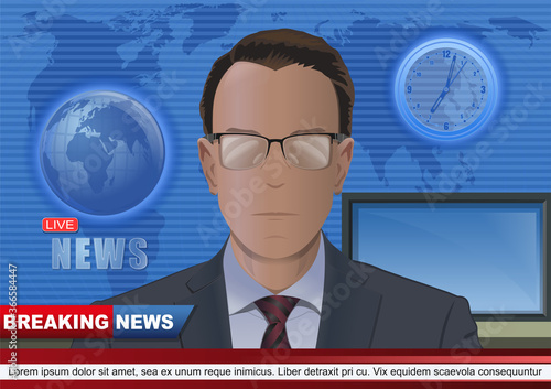 Breaking news. Silhouette of a man with glasses. News announcer in the studio. Vector illustration