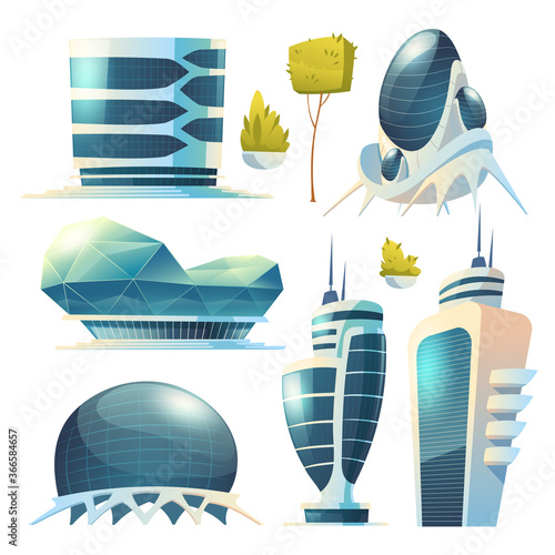 Future city, futuristic glass buildings of unusual shapes and green plants isolated on white background. Modern architecture towers and skyscrapers. Alien urban dwellings design, Cartoon vector set
