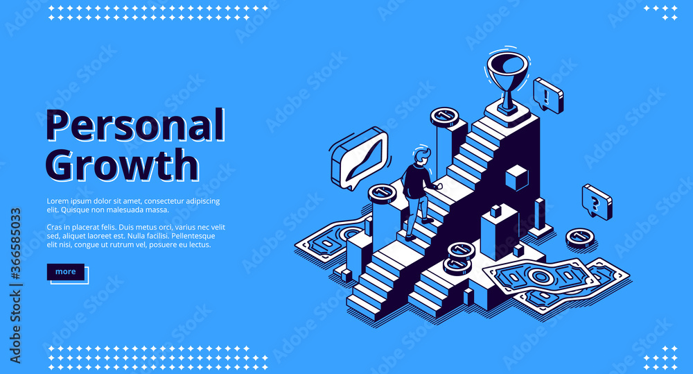 Obraz premium Personal growth banner. Concept of self build career, development, professional progress. Vector landing page of goal achievement with isometric man rises up on steps